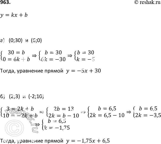 Изображение 963. Запишите уравнение прямой, которая проходит через точки:а) (0; 30) и (6; 0); б) (2; 3) и (-2;...