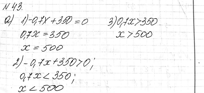 Изображение 43 При каких значениях х функция у = f(x) обращается в нуль, принимает положительные и отрицательные значения, если:a) f(x) = -0,7x + 350; б) f(x) = 30х +...