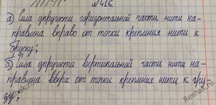 Изображение 416.	Брусок движется равномерно (рис. 99). Куда направлена: а) сила упругости горизонтальной части нити; б) вертикальной части нити; в) сила трения скольжения,...