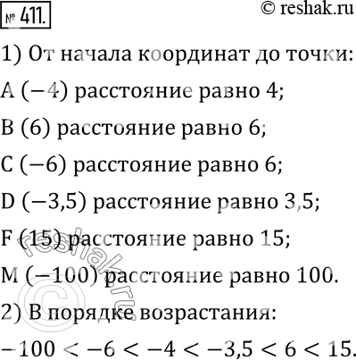 Изображение 411. 1) Чему равны расстояния от начала координат до точек:A (-4), B (6), C (-6), D (-3,5), F (15), M (-100)?2) Расположите числа: -4; 6; -6; -3,5; 15; -100 в...